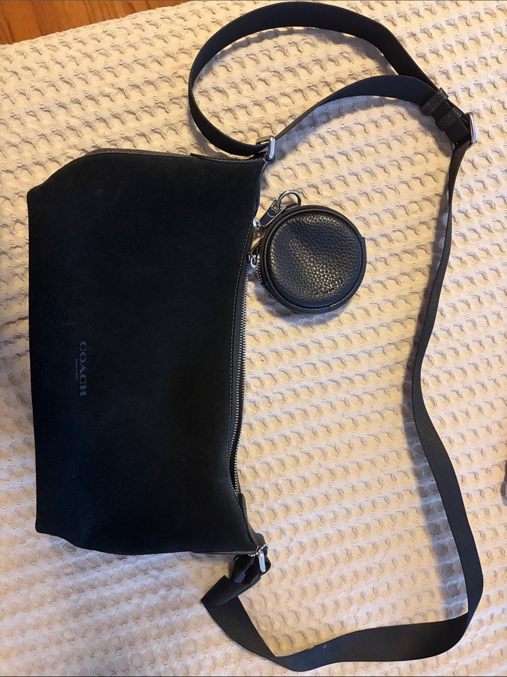 Coach Black Suede Crossbody with Round Coin Pouch